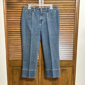 French Cuff Med Wash Wide Leg Cropped Denim Jeans Size 12
